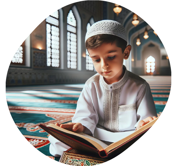 Young Muslim boy reading the Quran in a beautifully lit mosque.