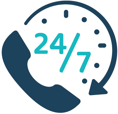 Icon of a phone and clock with '24/7' text, representing round-the-clock customer support for online Quran classes.