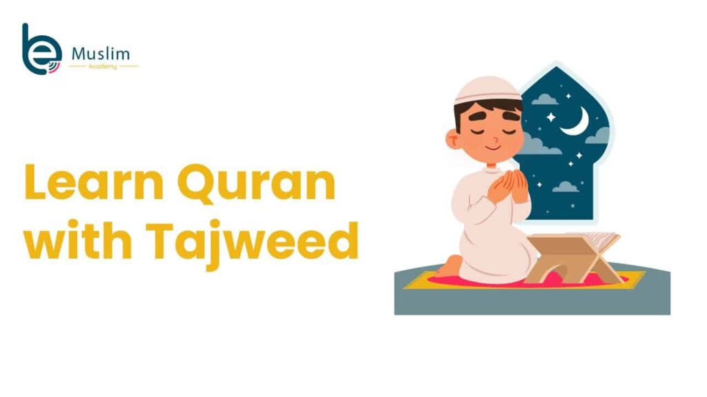 A boy reciting Quran peacefully at night — representing Be Muslim Academy’s Tajweed course, which helps students improve pronunciation and fluency step by step.
