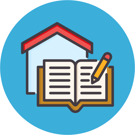 Icon of an open book with a pencil and a house in the background, representing daily homework for Quran learning.
