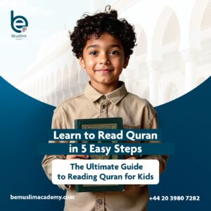 Smiling Muslim boy holding a Quran in front of a mosque, promoting a step-by-step online guide to help kids learn to read the Quran.