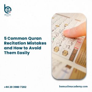 Muslim student learning Quran recitation online with a teacher, focusing on avoiding common mistakes in Tajweed.