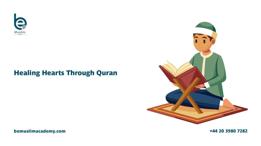 A Muslim woman sitting calmly during the night while participating in Quran Recitation Online for emotional healing and mental clarity.