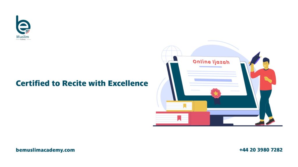 A Muslim student reciting Quran in a live Online Ijazah session, reflecting the authentic tradition and responsibility of teaching the Quran.